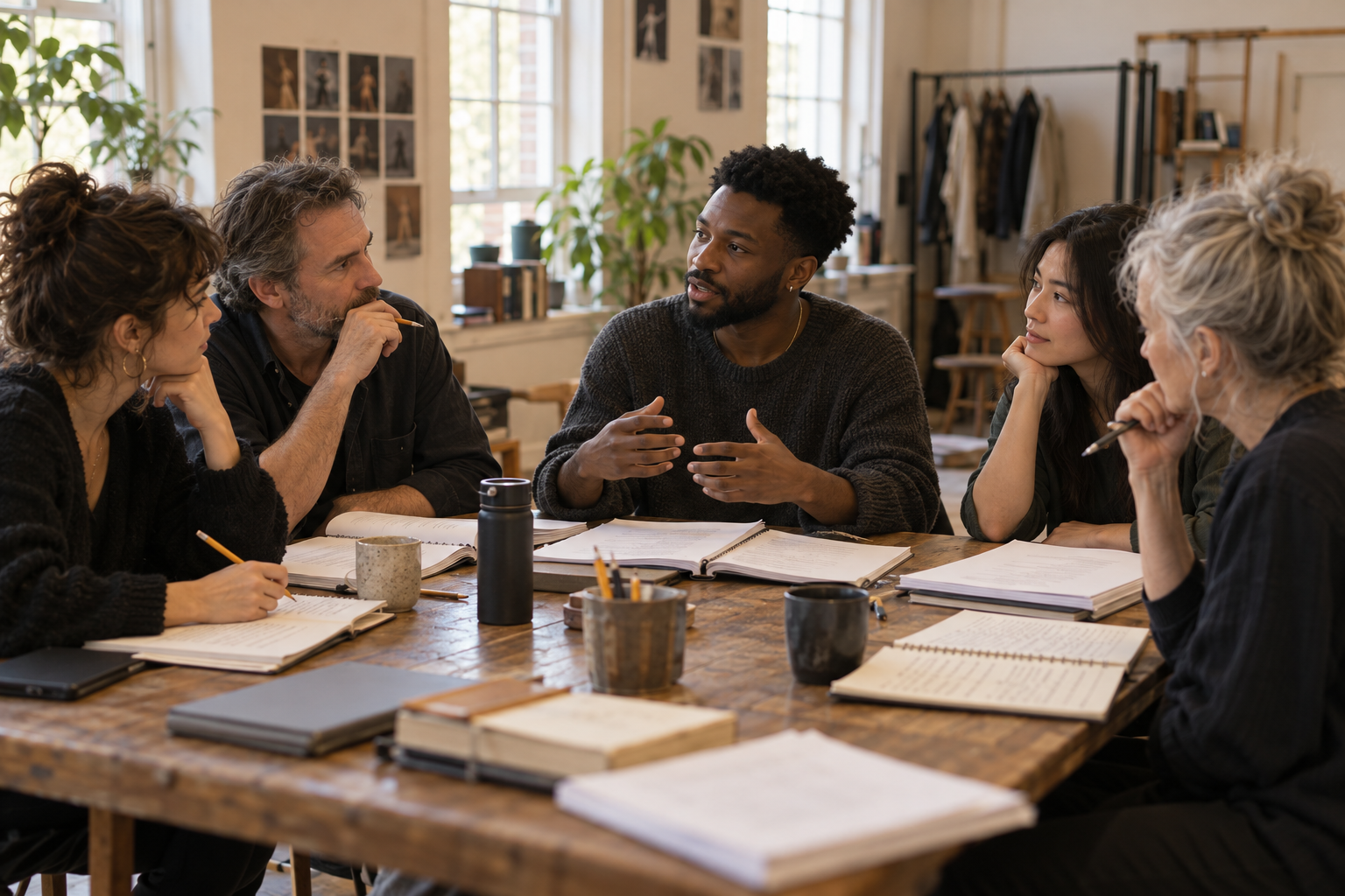 Actors gathered around scripts during table work in a rehearsal room