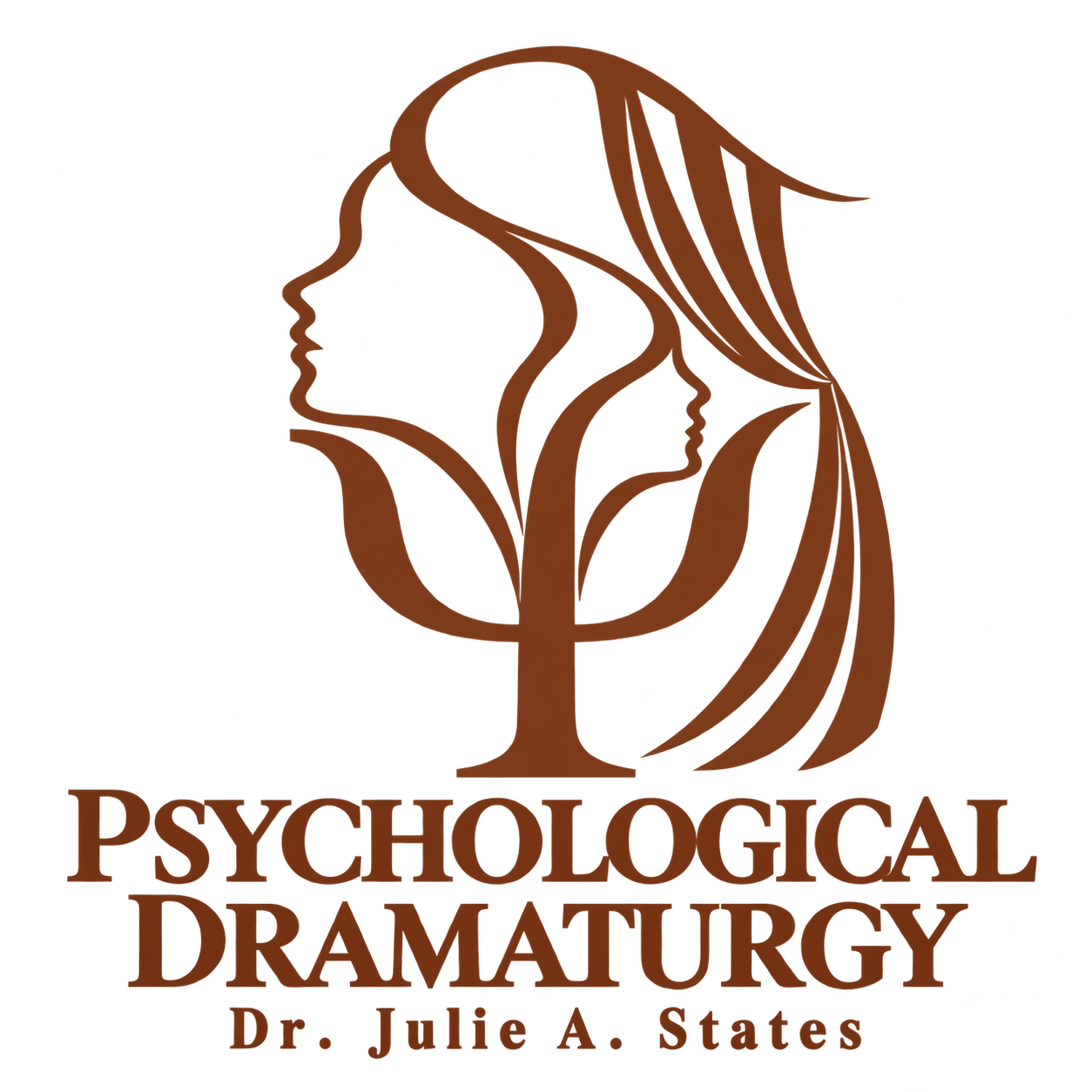 Psychological Dramaturgy — Dr. Julie A. States. A logo combining the psychology symbol psi, human profiles, and a theatre curtain.