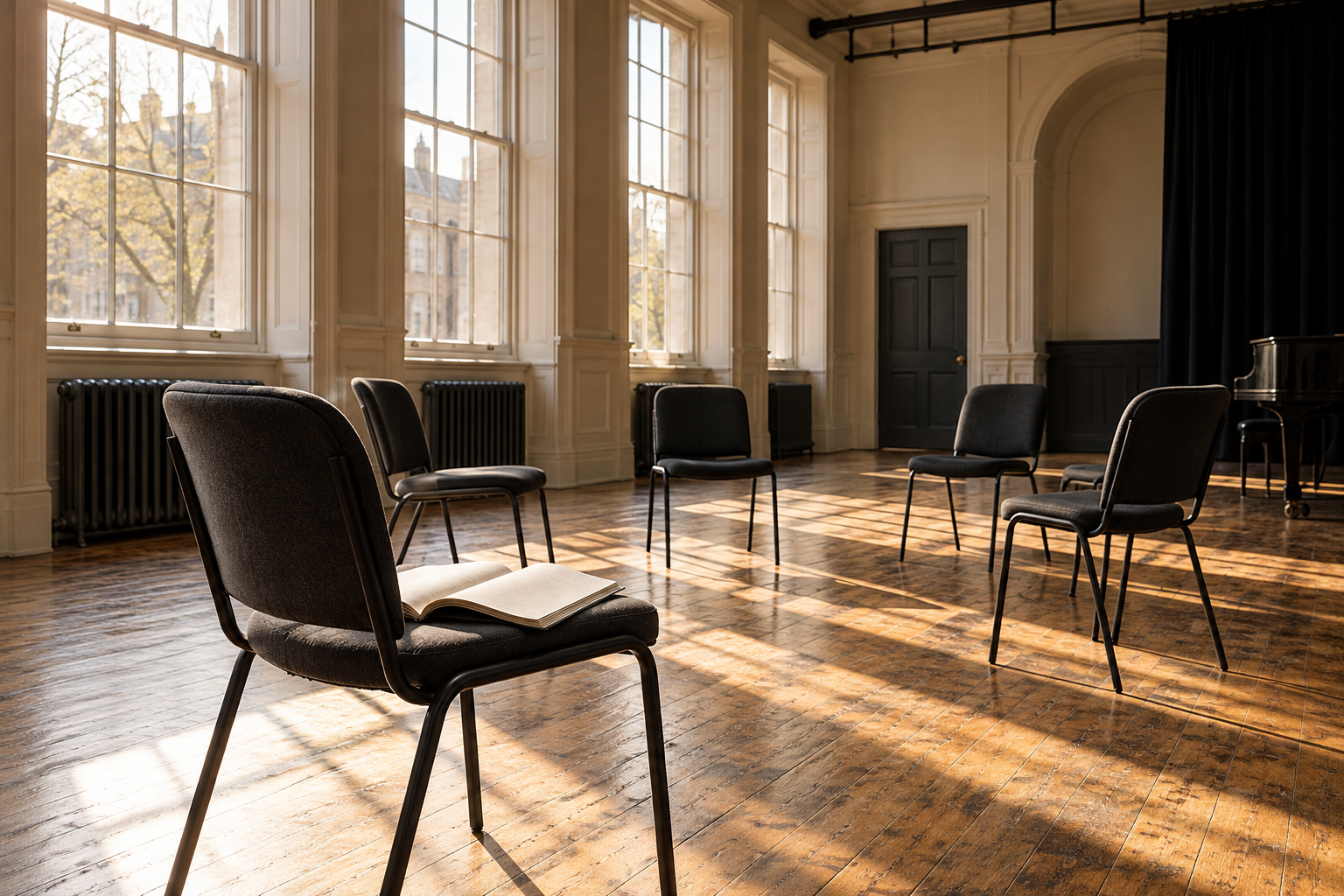 Sunlight falls across a rehearsal room with empty chairs and an open script